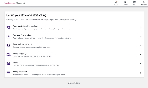 Su panel de control de WooCommerce le mostrará una lista de tareas pendientes para configurar su tienda