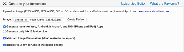 ícono de llama cargado en favicon.ico y generador de íconos de aplicaciones, popular generador de favicon