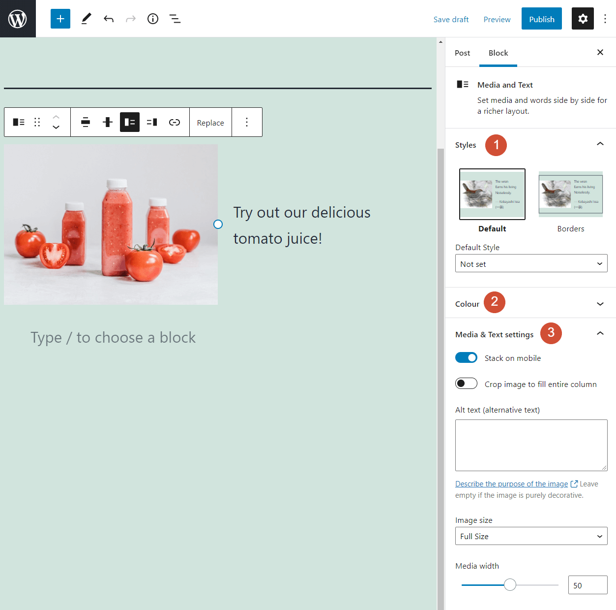 Configuración de estilo para el bloque de medios y texto