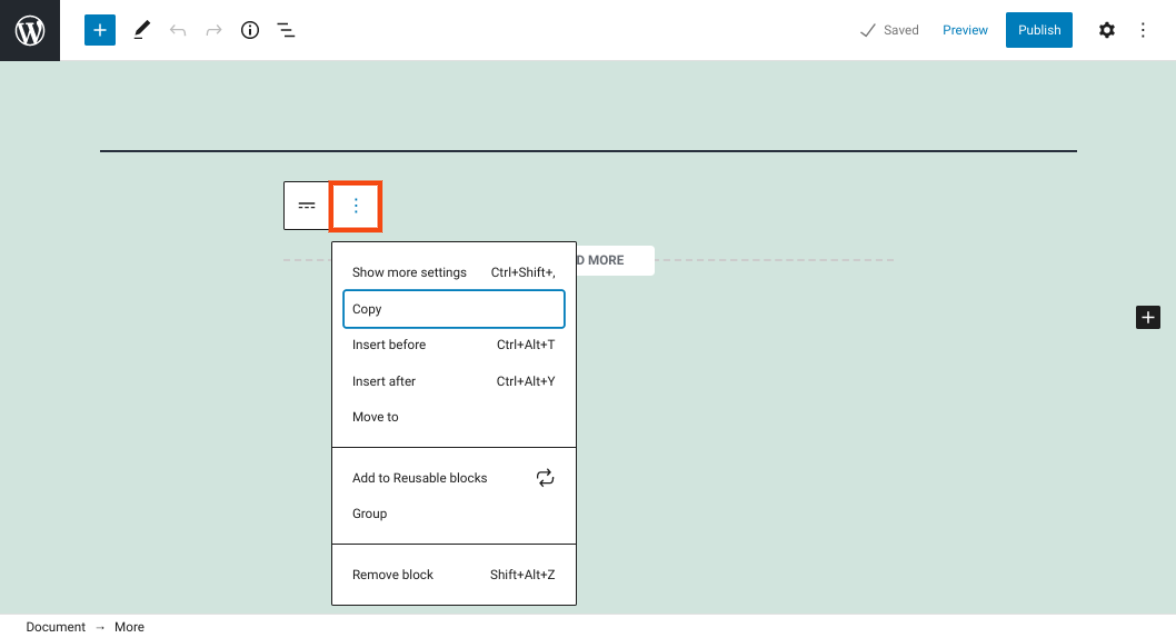 Menú de configuración de opciones en la barra de herramientas del bloque de WordPress.