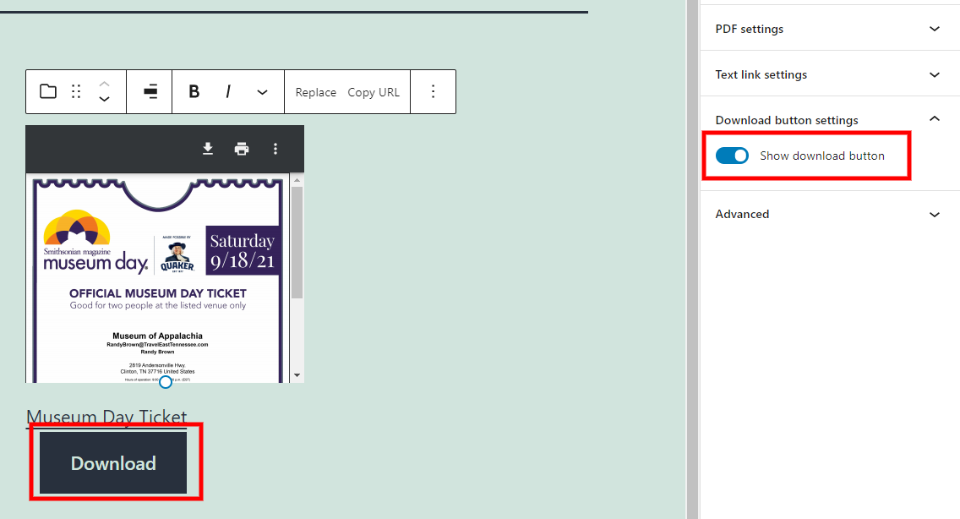 Configuración del botón de descarga de archivos