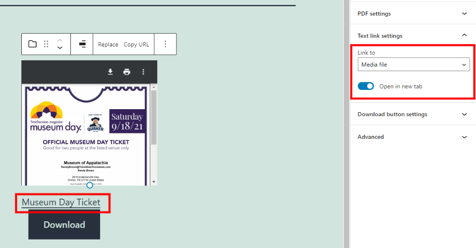 Enlace de texto a la configuración del archivo