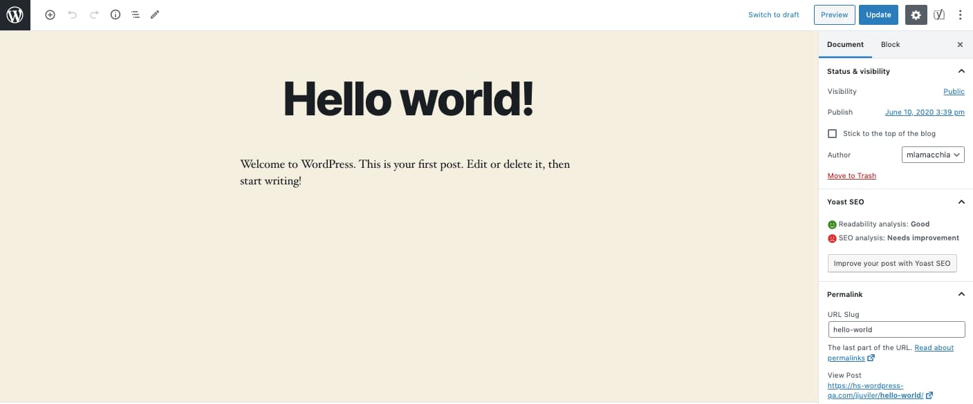 El editor WYSIWYG de WordPress abre por defecto "¡Hola mundo!" Correo