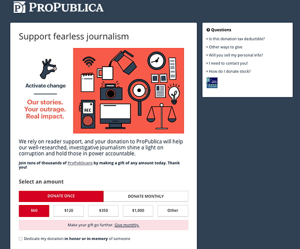 página de donación de propublica