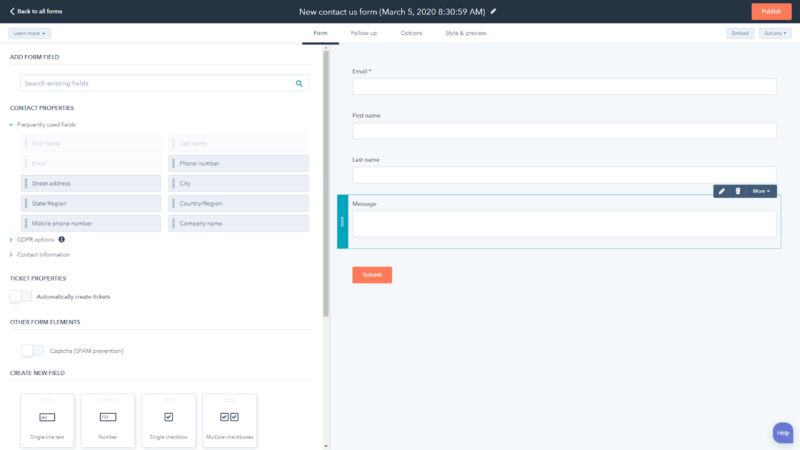 cómo crear un formulario de contacto en HubSpot