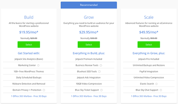Precios y características de los paquetes Bluehost WP Pro 