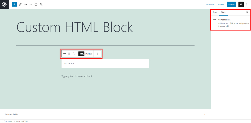 Configuraciones y opciones de bloques HTML personalizados