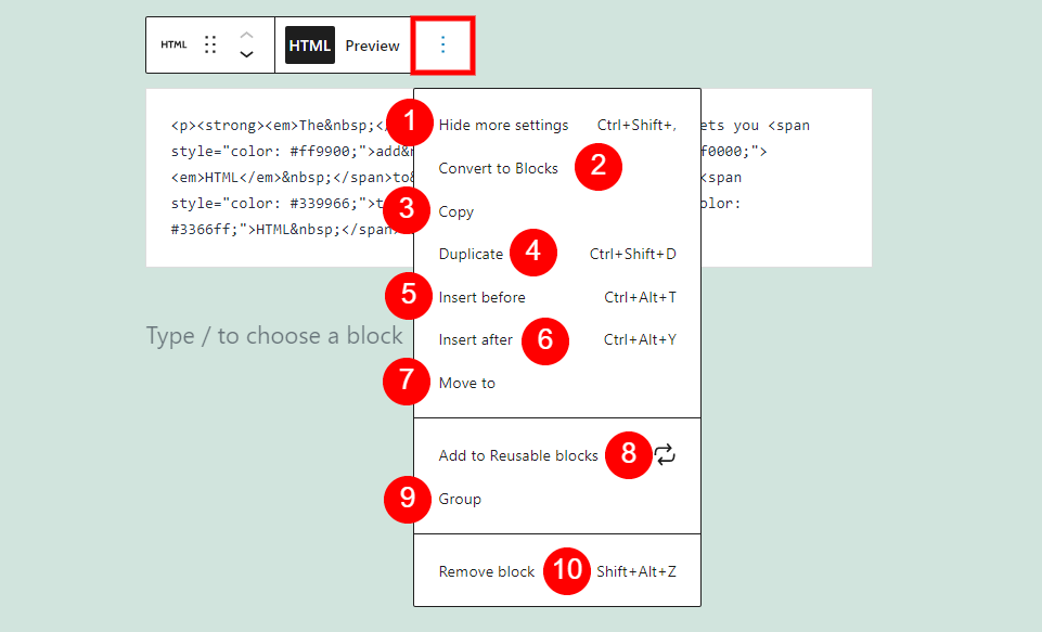Opciones de bloque HTML personalizado