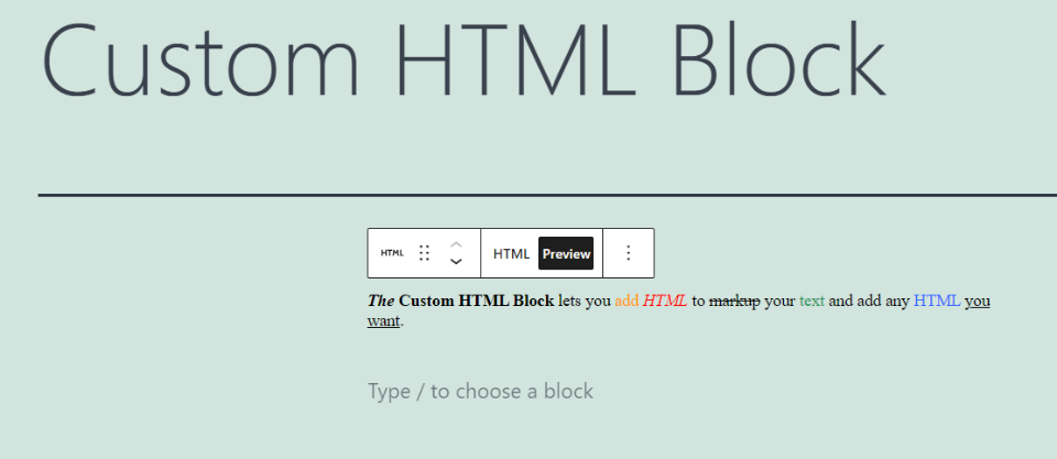 Bloque HTML HTML personalizado y vista previa