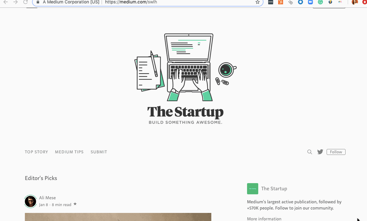 La página de inicio se parece a muchos otros sitios en Medium