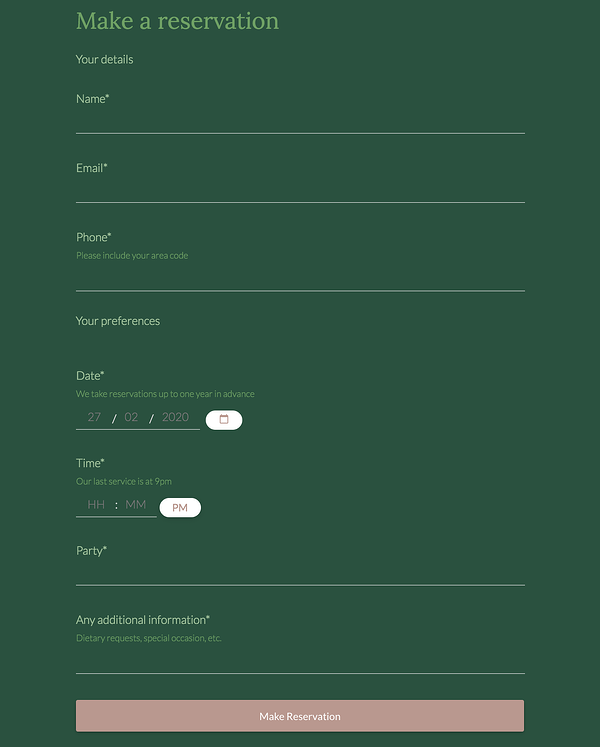 plantilla de formulario de reserva