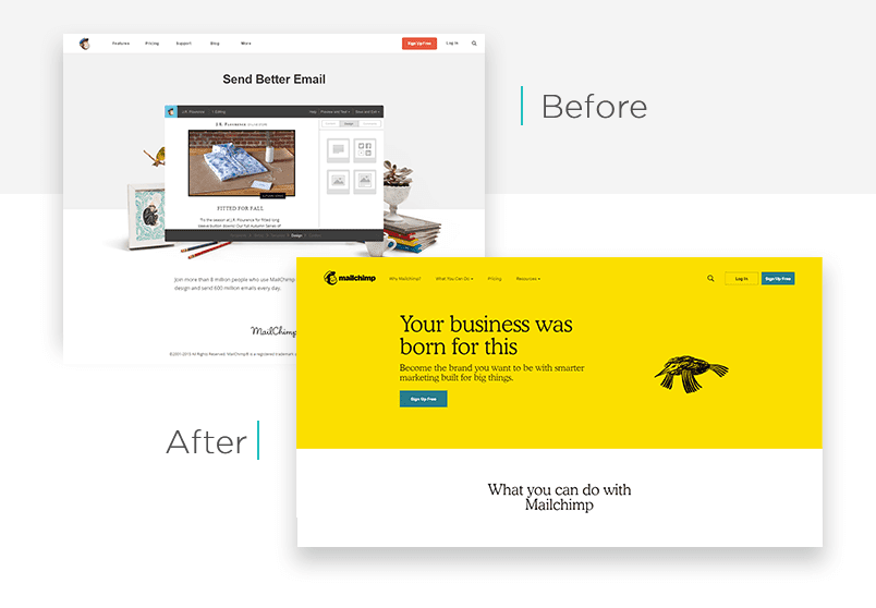 Rediseño del sitio web de Mailchimp antes y después