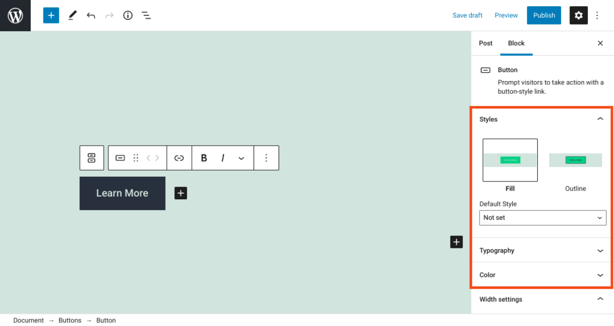 Opciones de estilo de botones en WordPress.