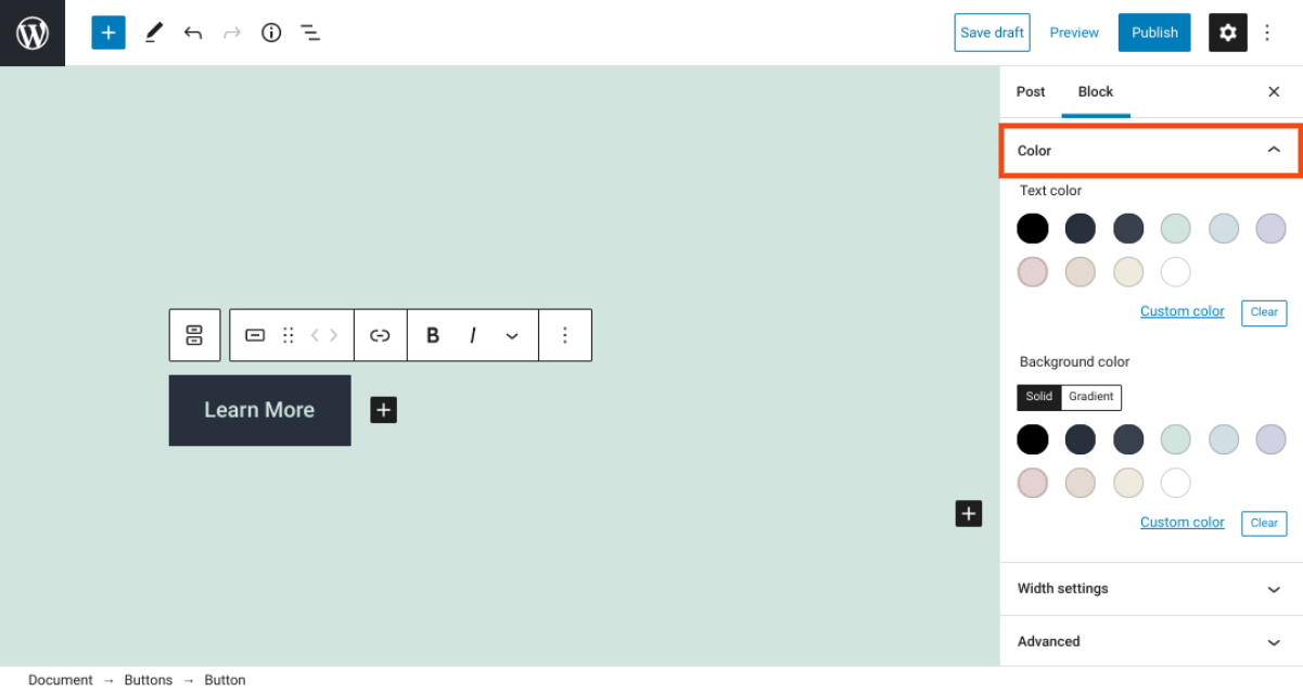 Los botones de WordPress bloquean las opciones de color.