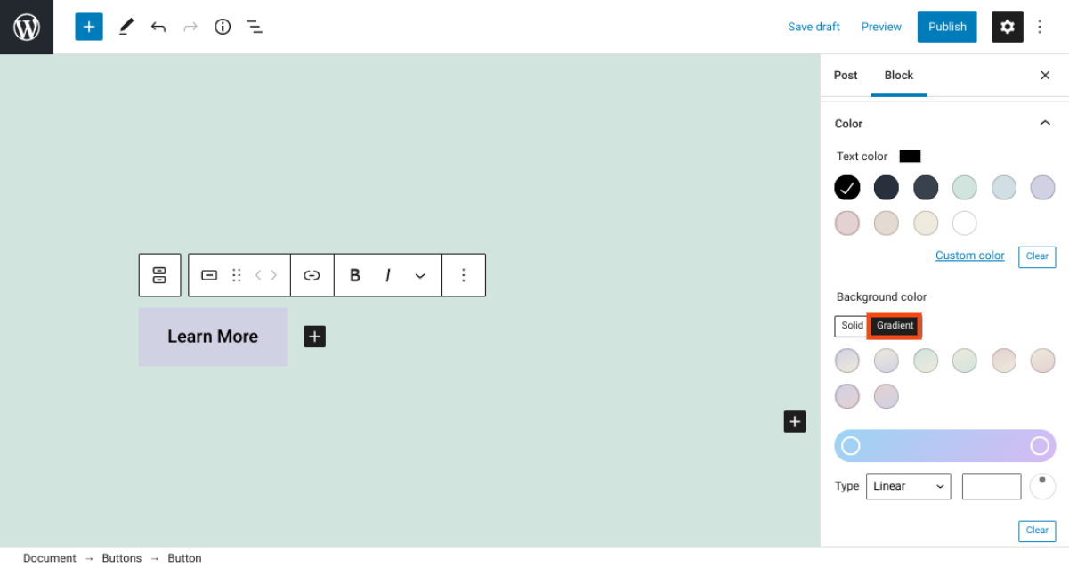 Ajustes de color en el bloque de botones de WordPress.
