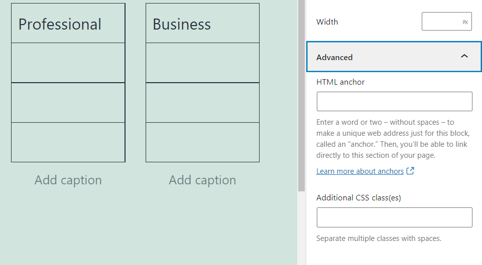 Menú de configuración avanzada para el bloque Columnas