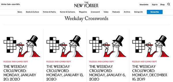 Una página de categoría de crucigramas en The New Yorker