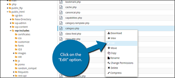 Un usuario de WordPress hace clic derecho en category.php para editarlo 