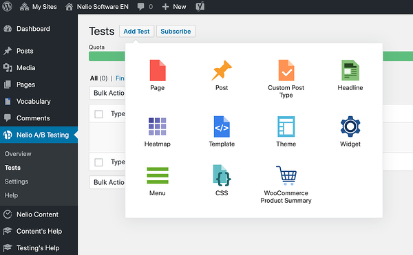 Mira todos los tipos de contenido que puedes probar con el plugin Nelio A/B