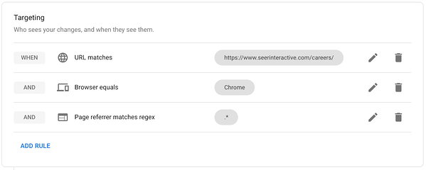 Usuarios de Google Optimization que clasifican audiencias por URL y navegador utilizado