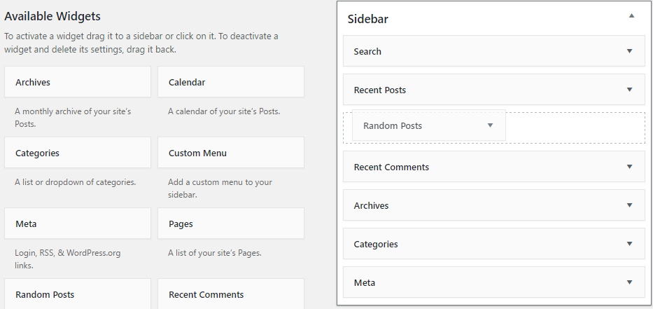 El widget de publicación aleatoria se arrastra a la barra lateral en su escritorio de WordPress