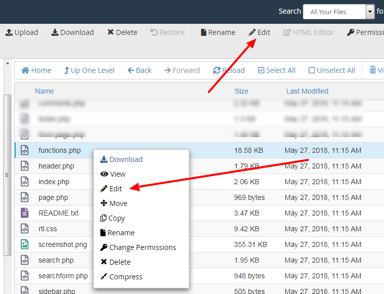 Haga clic derecho para editar el archivo functions.php en el panel de control
