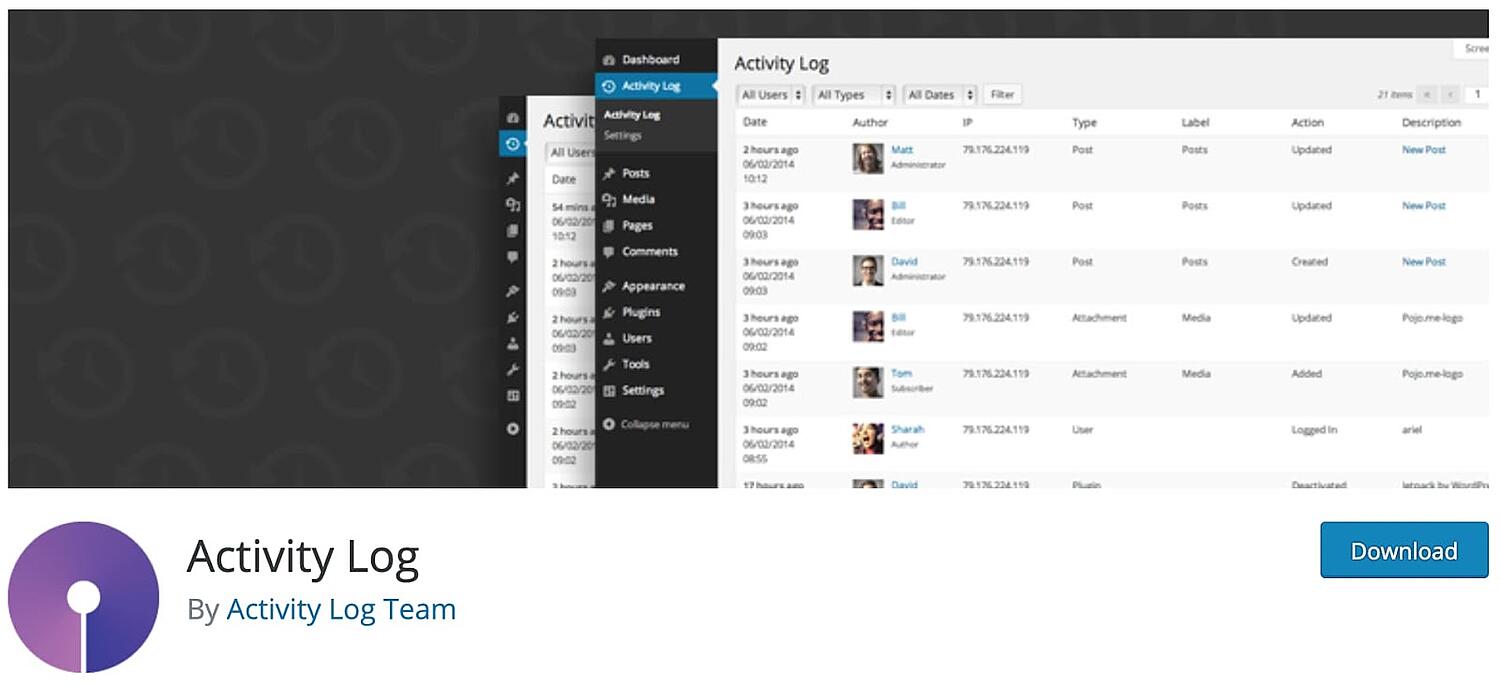 Página del producto para el registro de actividad del rastreador de WordPress