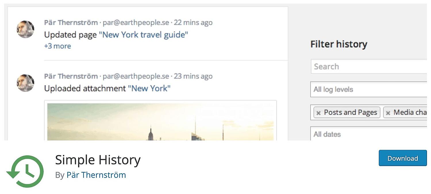 página del producto para el complemento de seguimiento de WordPress Simply History
