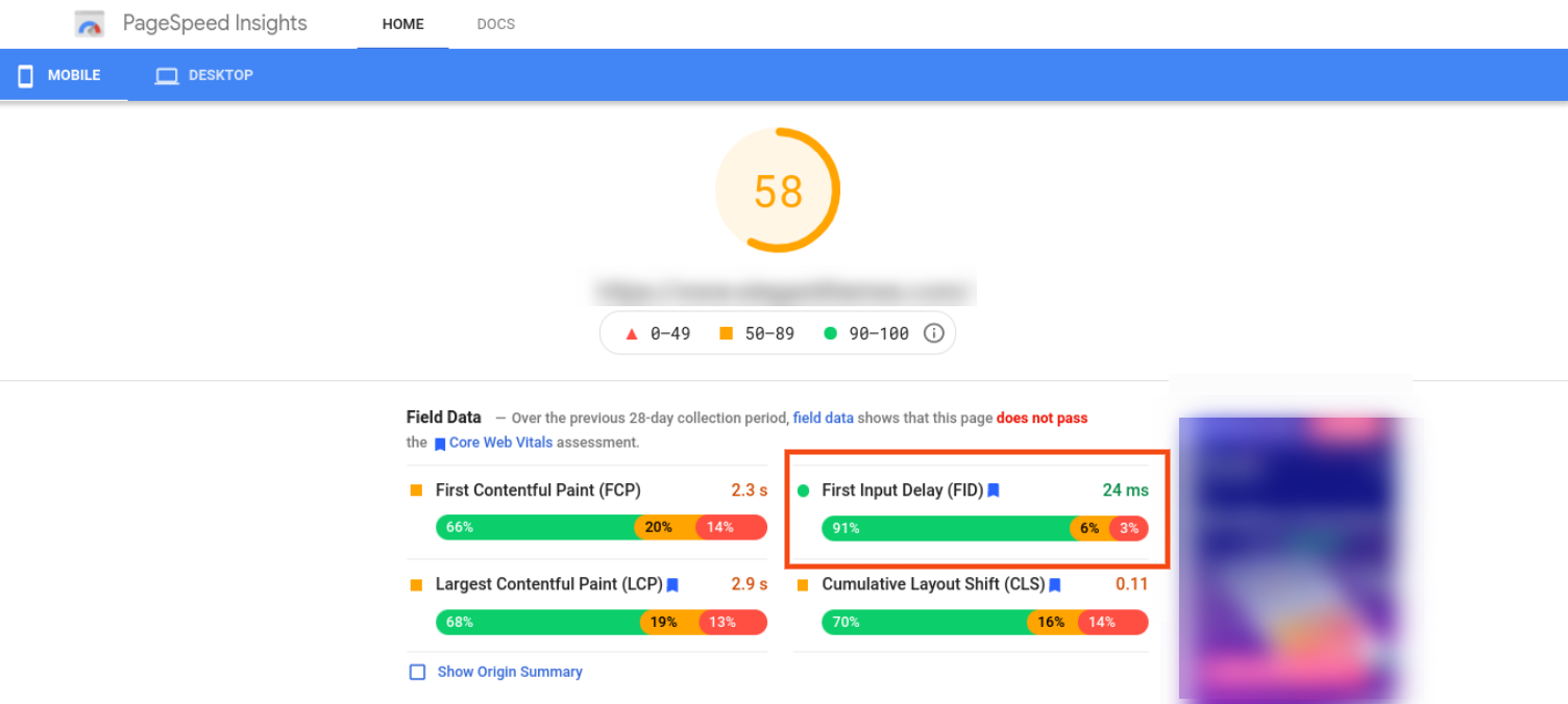Informe de Google PageSpeed ​​Insights.