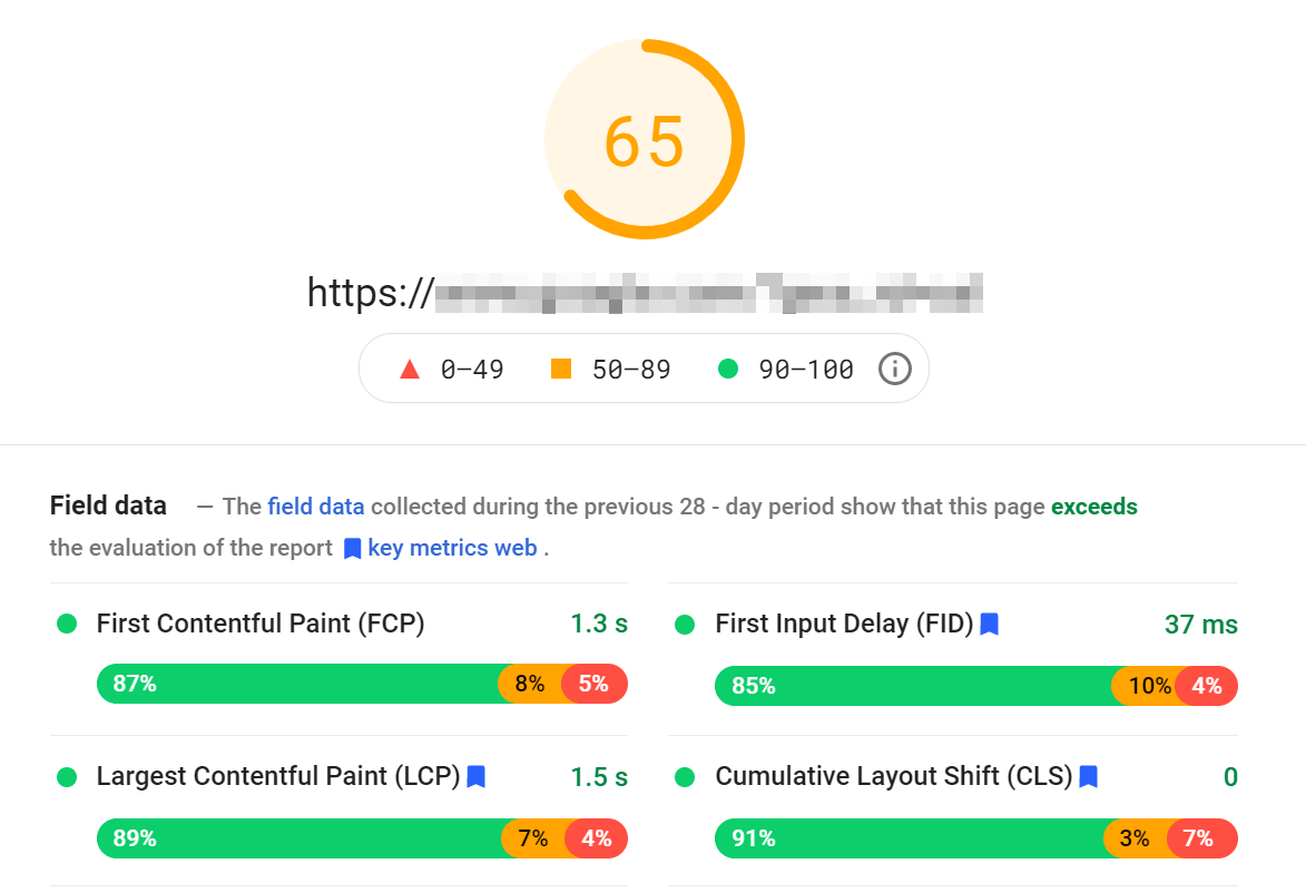 Pantalla de resultados de PageSpeed ​​Insights