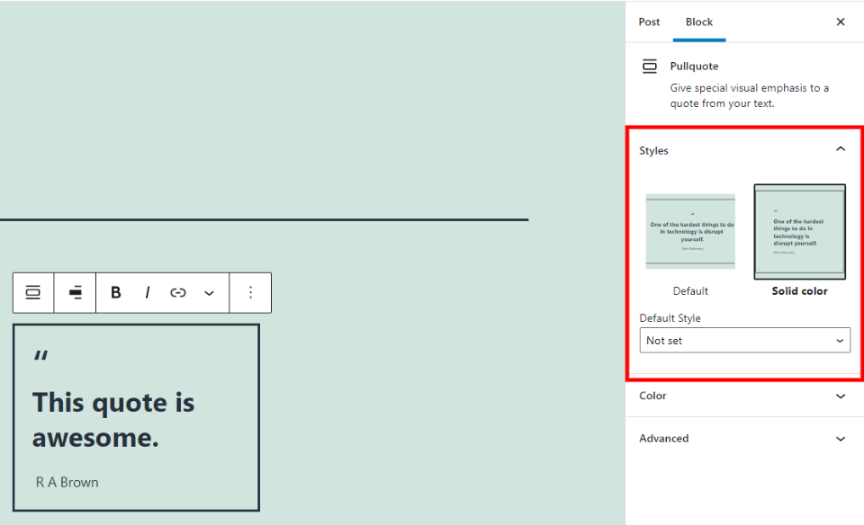 Configuración de la barra lateral de bloqueo de pullquote