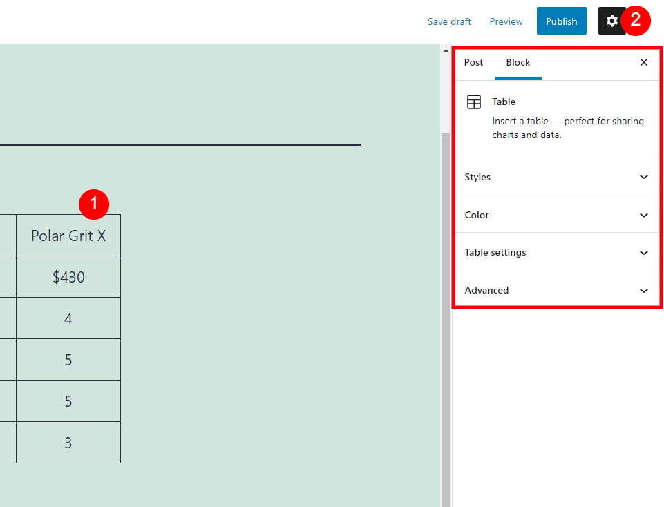 Configuración de bloque de tabla