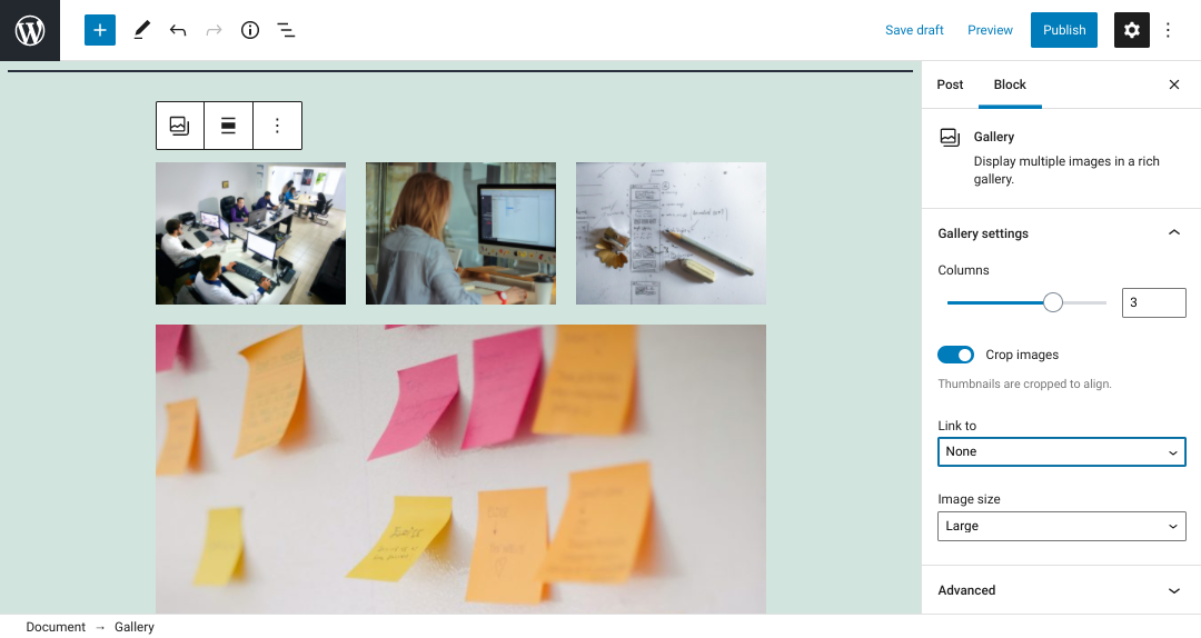 Un ejemplo de un bloque de galería de WordPress.