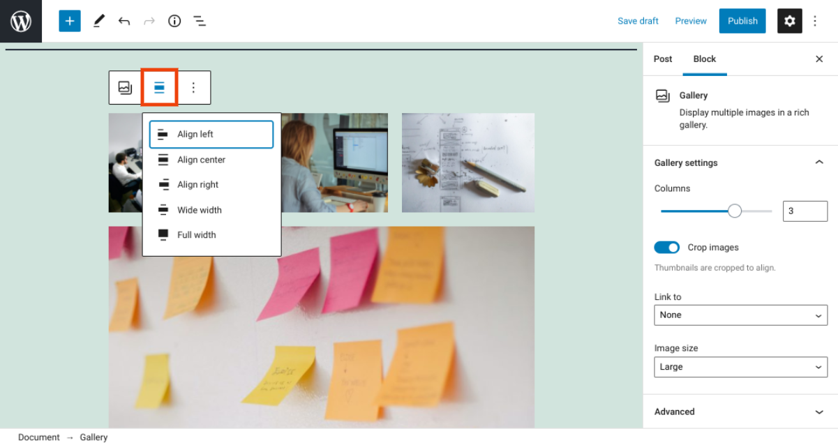 Opciones de alineación para el bloque de galería de WordPress.