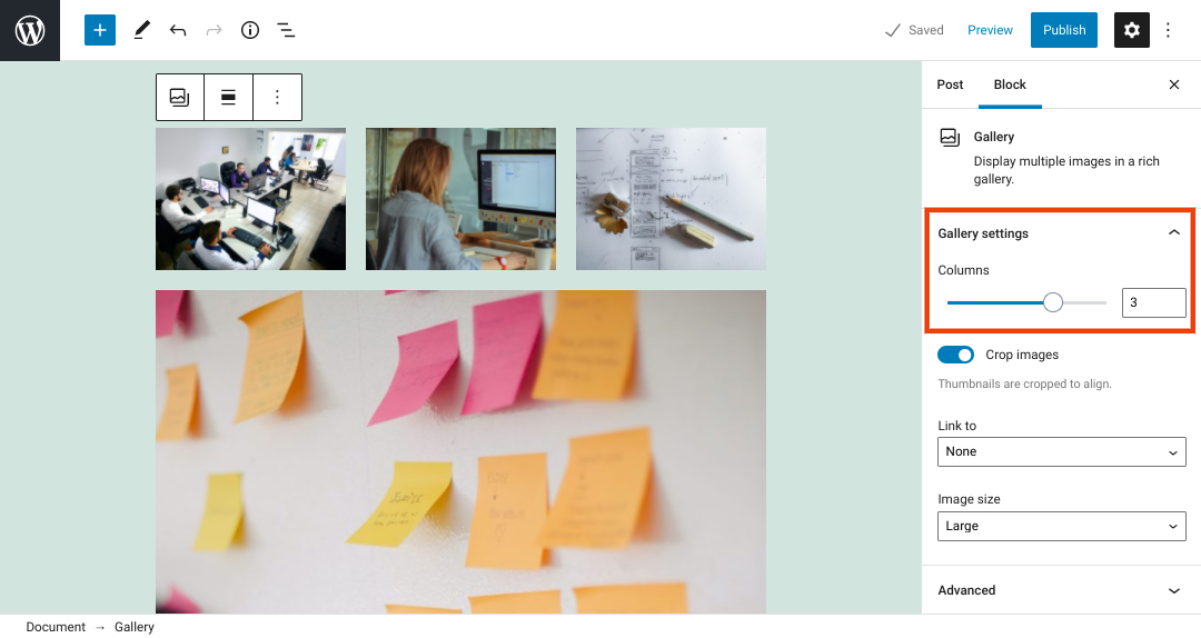 Configuración de la galería y la sección de columnas del bloque de la galería en WordPress.