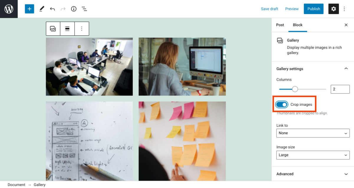 Opción para recortar imágenes en WordPress usando el bloque Galería.