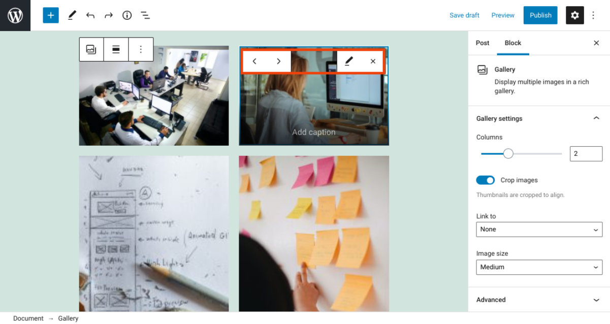 Opciones de edición de una sola imagen en el bloque Galería en WordPress.