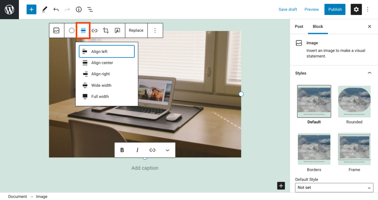Posibilidad de cambiar la alineación de la imagen en el editor de WordPress.