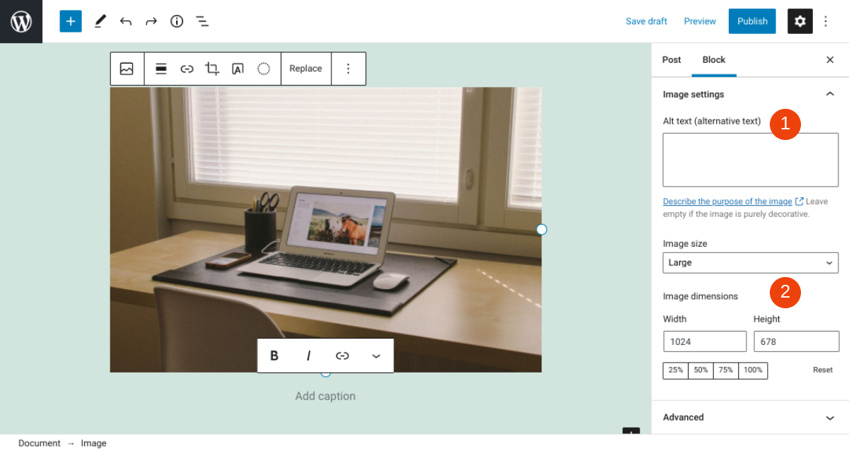Configuración de imagen de WordPress.