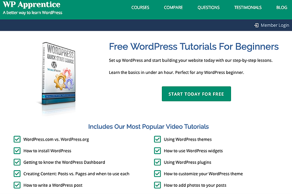 La página de inicio de WP Apprentice tiene tutoriales gratuitos de WordPress para principiantes