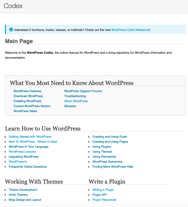 WordPress Home Codex tiene una sección de recursos titulada "Aprenda a usar WordPress" 