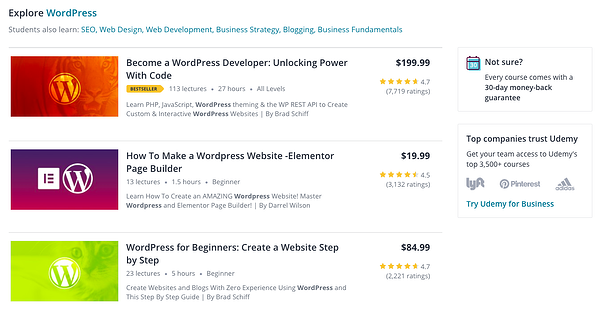Cursos de Udemy WordPress ordenados por estrellas de usuario