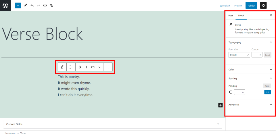 Configuraciones y opciones del bloque de versos