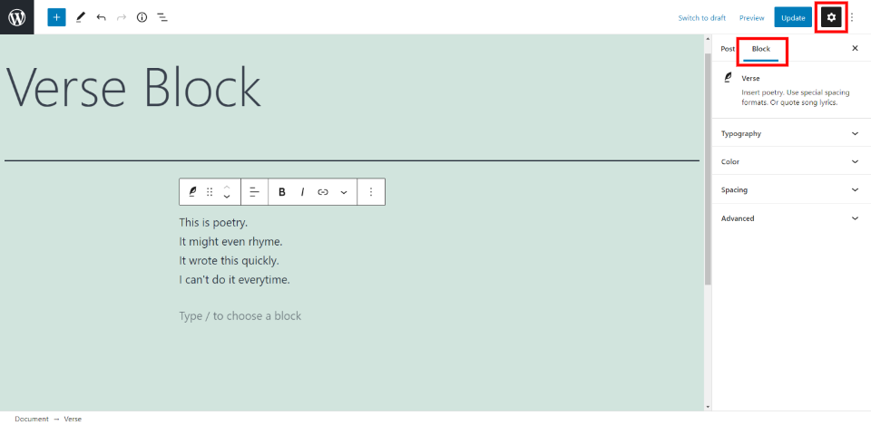 Configuración del bloque de versos