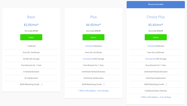 Tabla de los tres paquetes de alojamiento compartido de WordPress disponibles en Bluehost