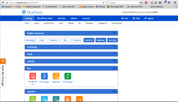 Tablero de Bluehost que muestra Site Backup Pro en la pestaña Archivos
