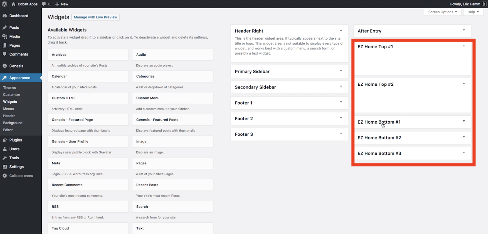 Widgets destacados de la página de inicio disponibles a través del complemento Genesis Extender en la sección WP Dashboard Appearance