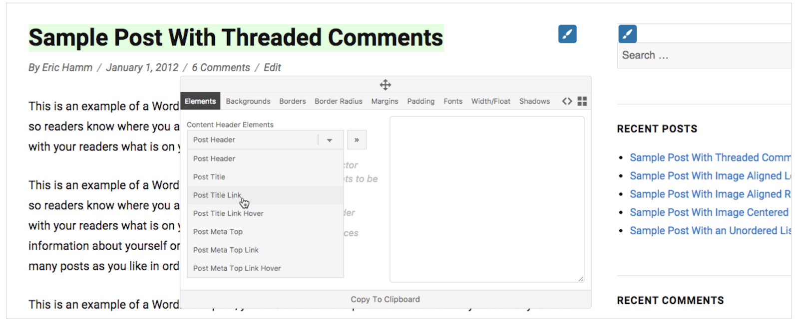 Usuario que agrega un enlace al título de la publicación en el creador de css front-end de Genesis Extender