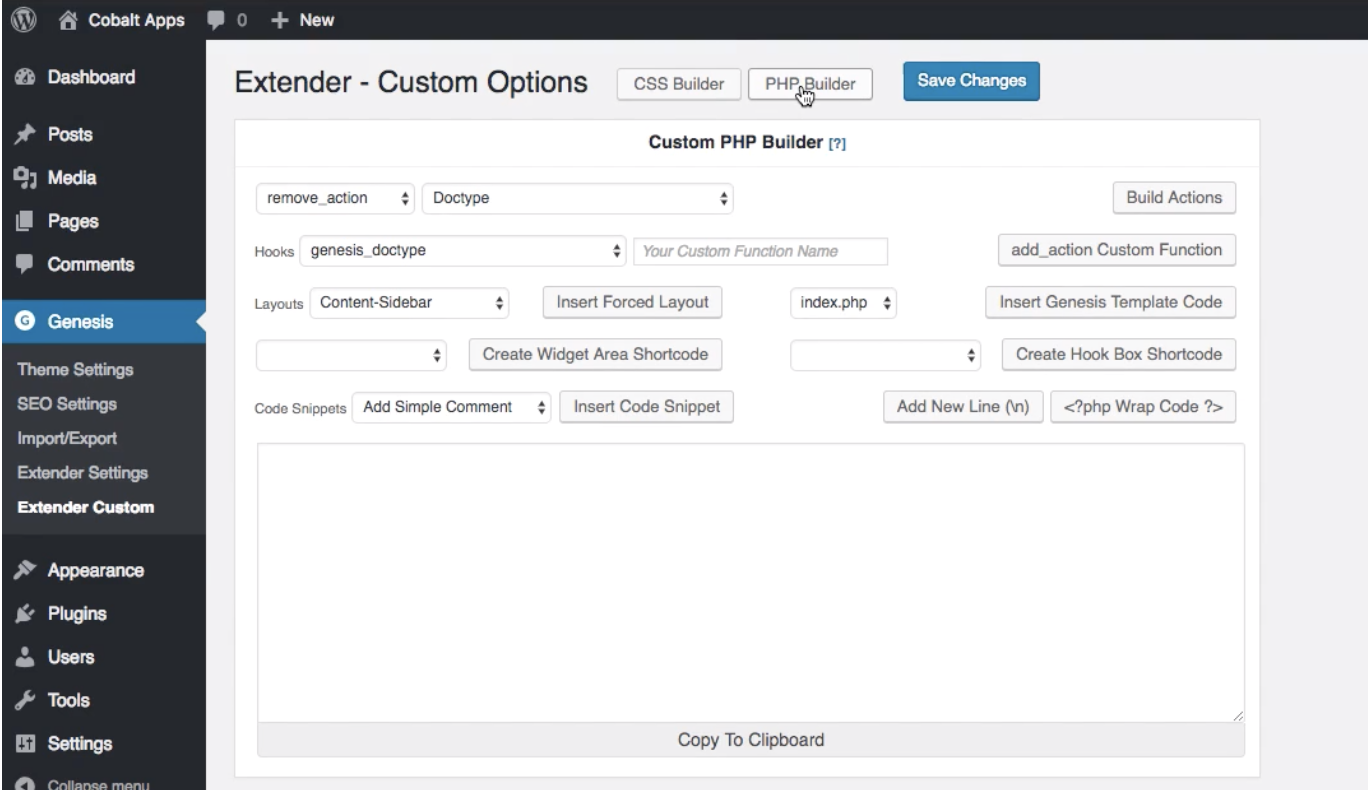 El usuario hace clic en el asistente de PHP personalizado en la página de configuración del complemento Genesis Extender