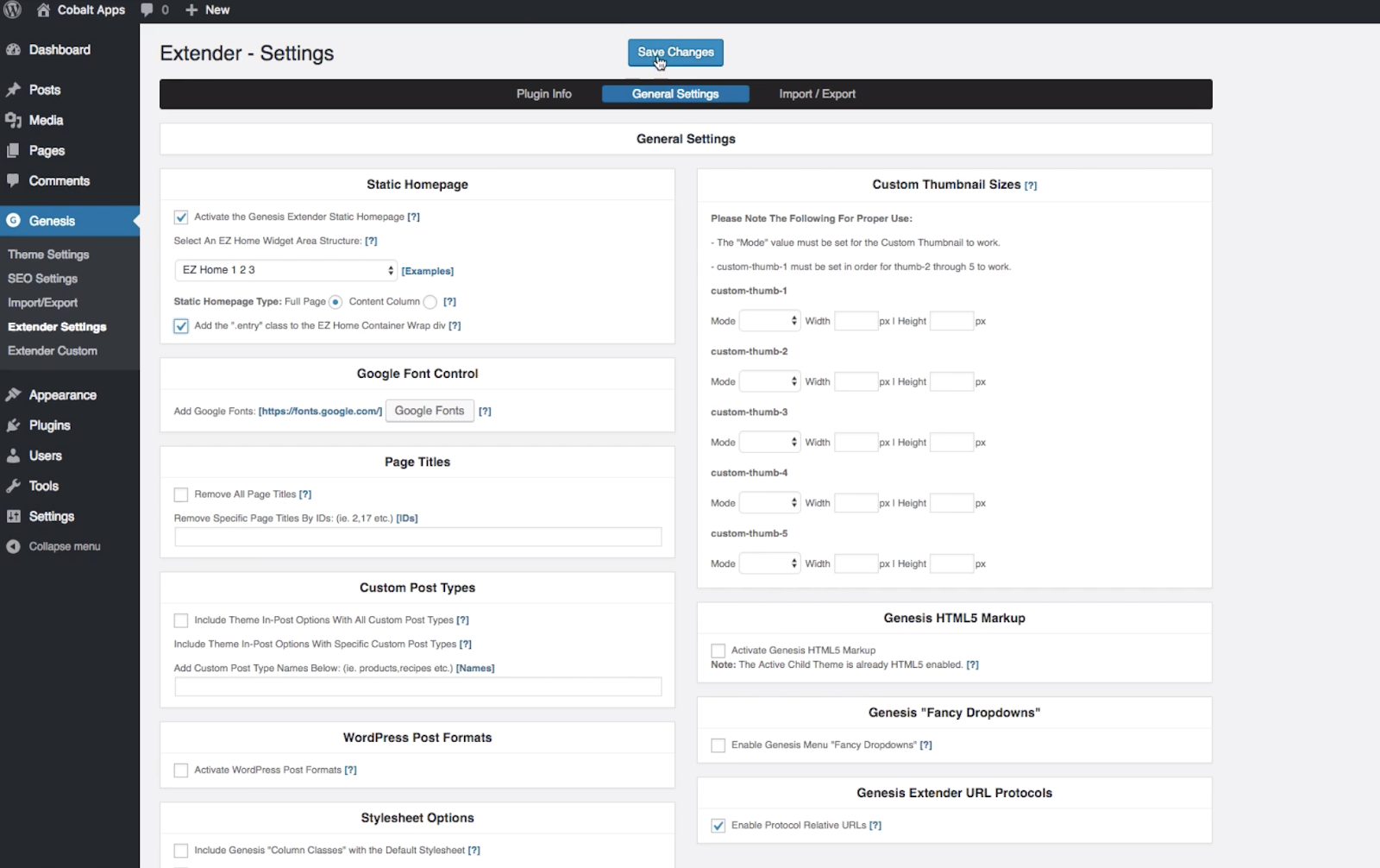 El usuario hace clic en el botón Guardar cambios después de configurar los ajustes del complemento Genesis Extender en el panel de control de WordPress